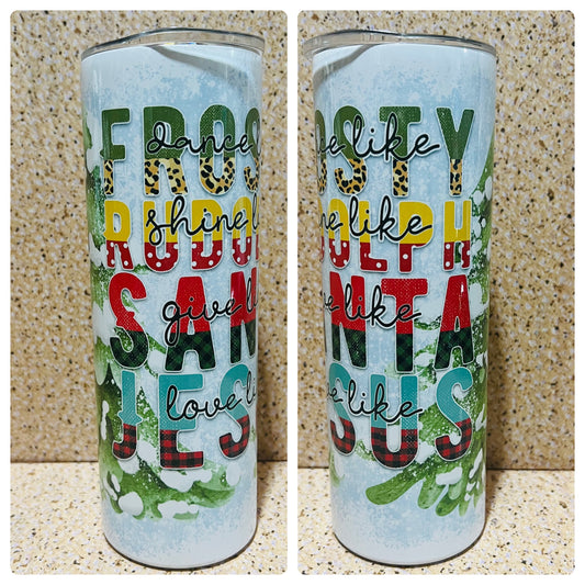 Frosty, Rudolph, Santa, Jesus tumbler