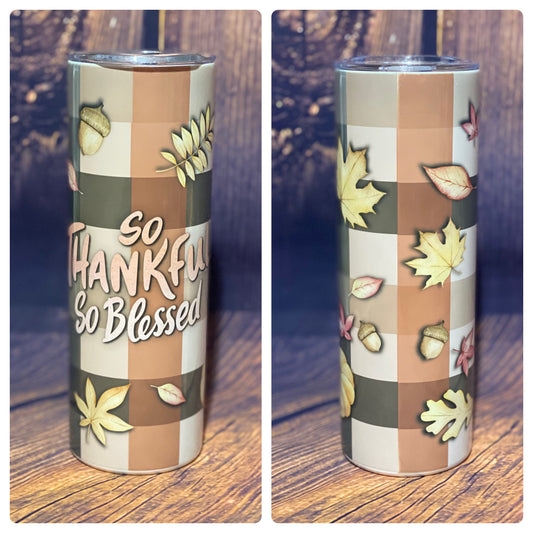 Thankful & Blessed plaid tumbler